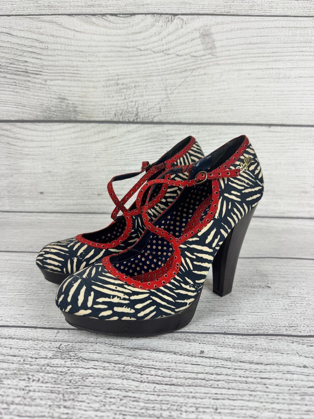 Ruby Shoo Women's Red & Blue Printed Viv Buckle Retro Heels Size 7